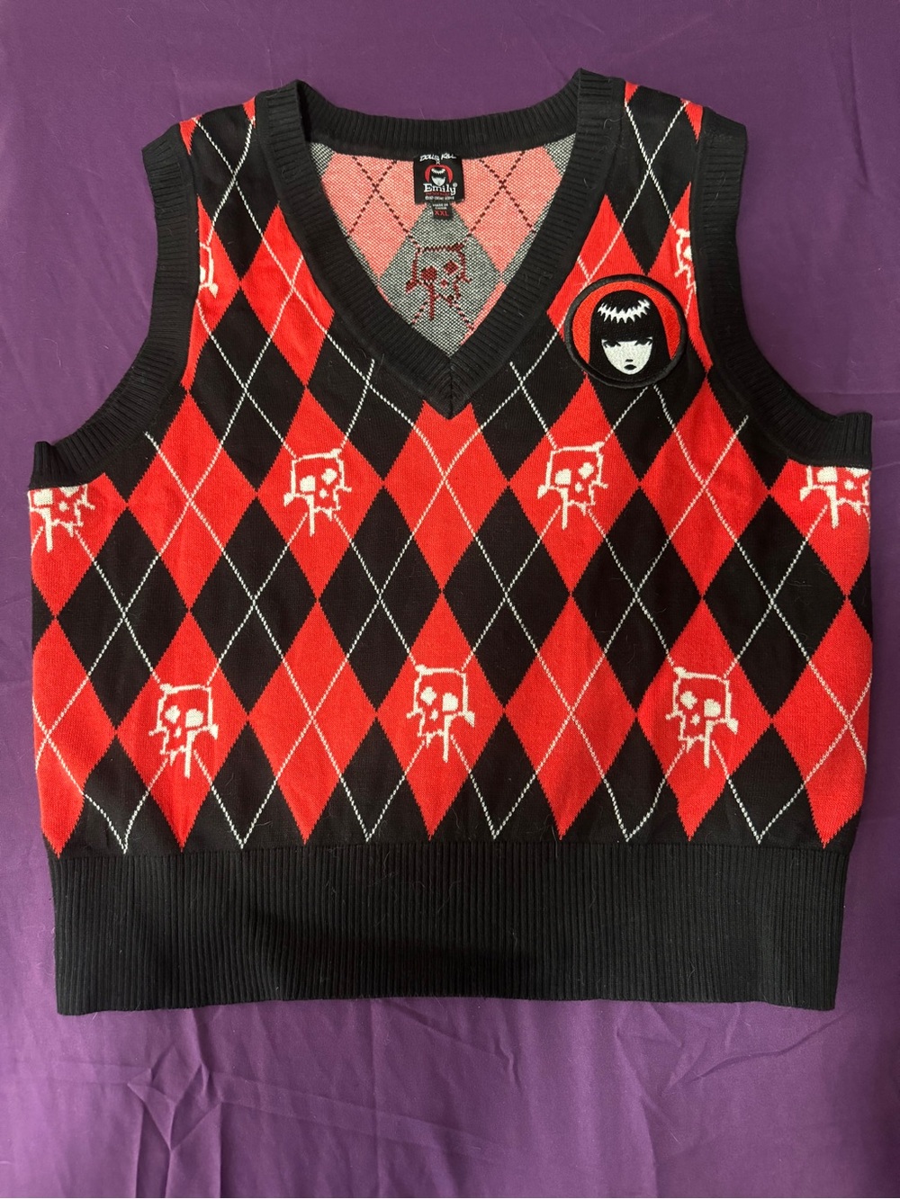 Dolls Kill Red and Black Argyle Skull Sweater Vest